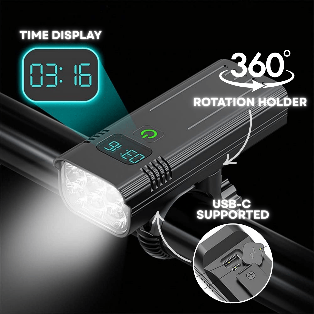 5000 Lumen USB-C Rechargeable Bike Light – Ultra Bright 12 LED Bicycle Headlight for Mountain & Road Bikes