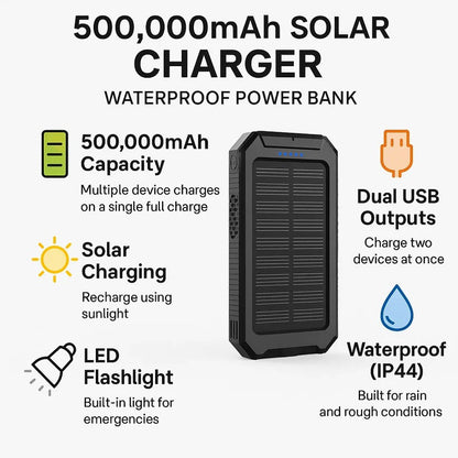 500000mAh Solar Power Bank Portable Charger – Waterproof Fast Charging Battery Pack for iPhone, Samsung & Android